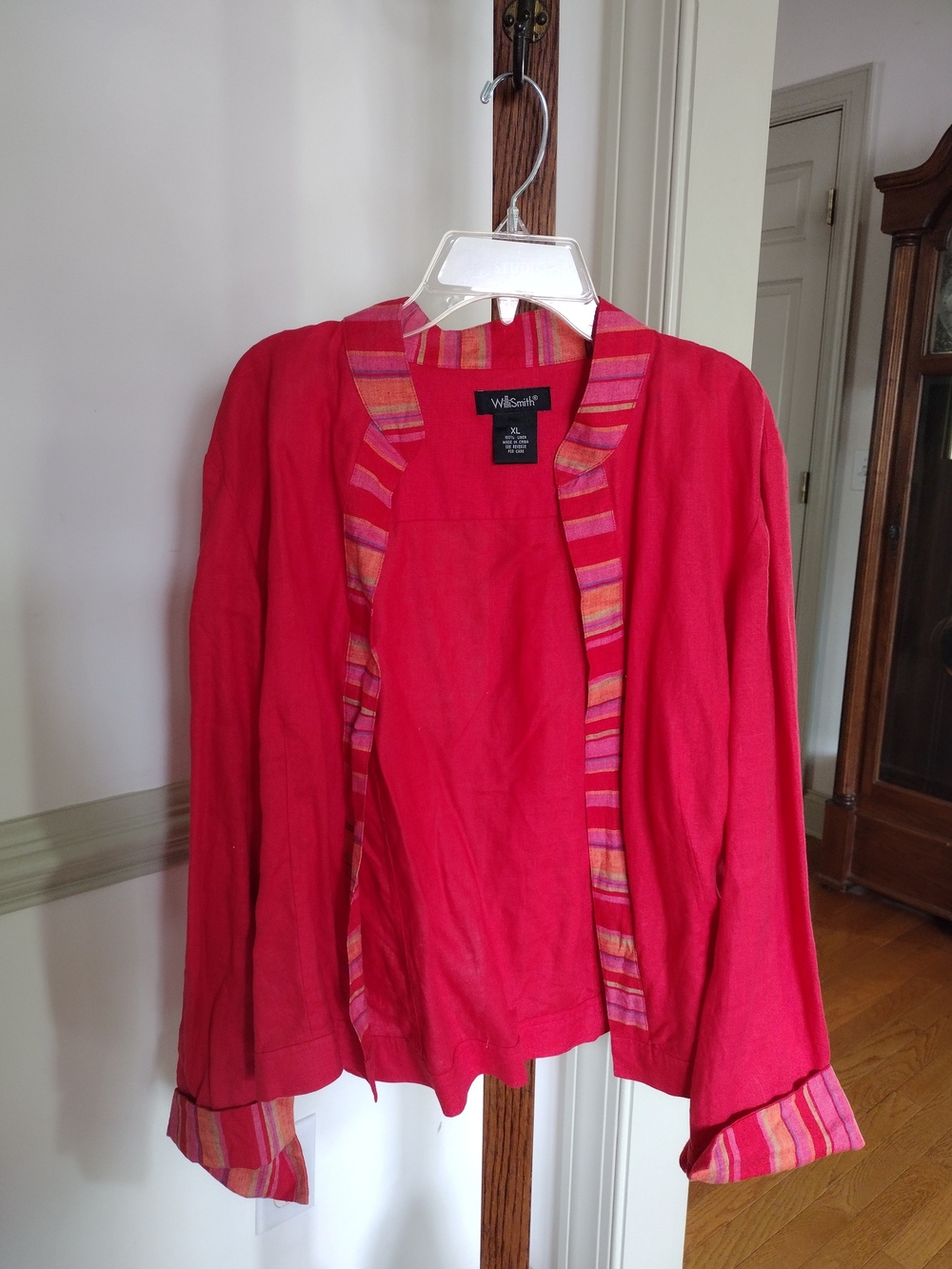 Willi Smith XL Red Open-Front Linen Jacket with Striped Trim